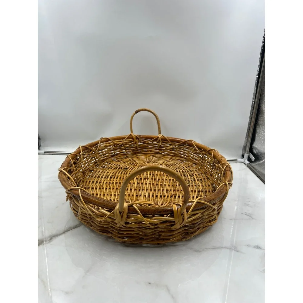Vintage Oval Wicker Serving Tray with Handles Large Woven Rattan Basket 19 Inch